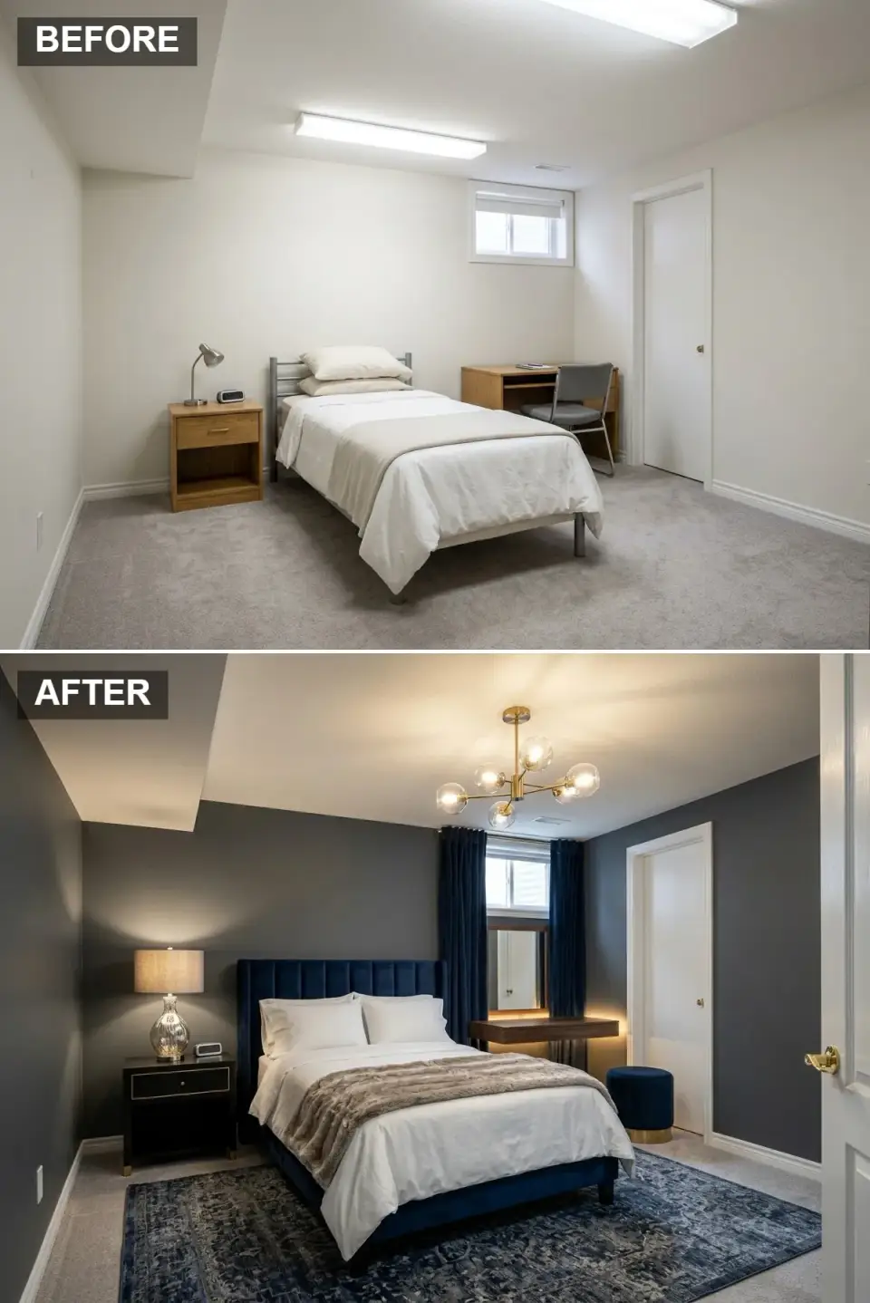 Moody glam basement guest suite with deep charcoal grey walls brass chandelier gold accents sapphire blue velvet channel-tufted bed matching velvet ottoman dark wood floating vanity patterned blue rug