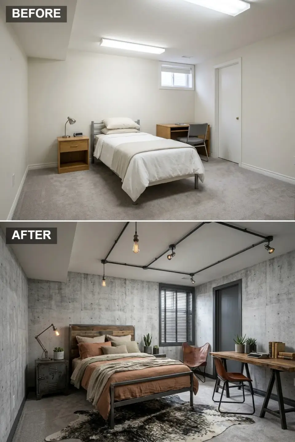 Industrial chic basement guest suite with concrete-effect walls black conduit track lighting metal frame bed distressed wood desk sawhorse legs metal locker-style nightstand leather butterfly chair cowhide rug