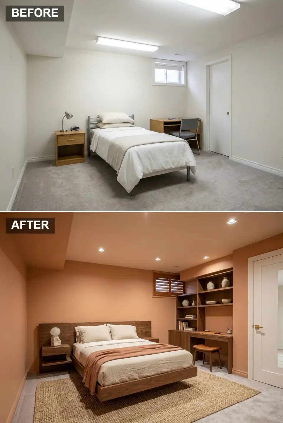 Warm walnut basement guest suite custom built-in platform bed integrated nightstands wall-to-wall walnut shelving and desk unit muted terracotta walls recessed lighting cohesive uncluttered design