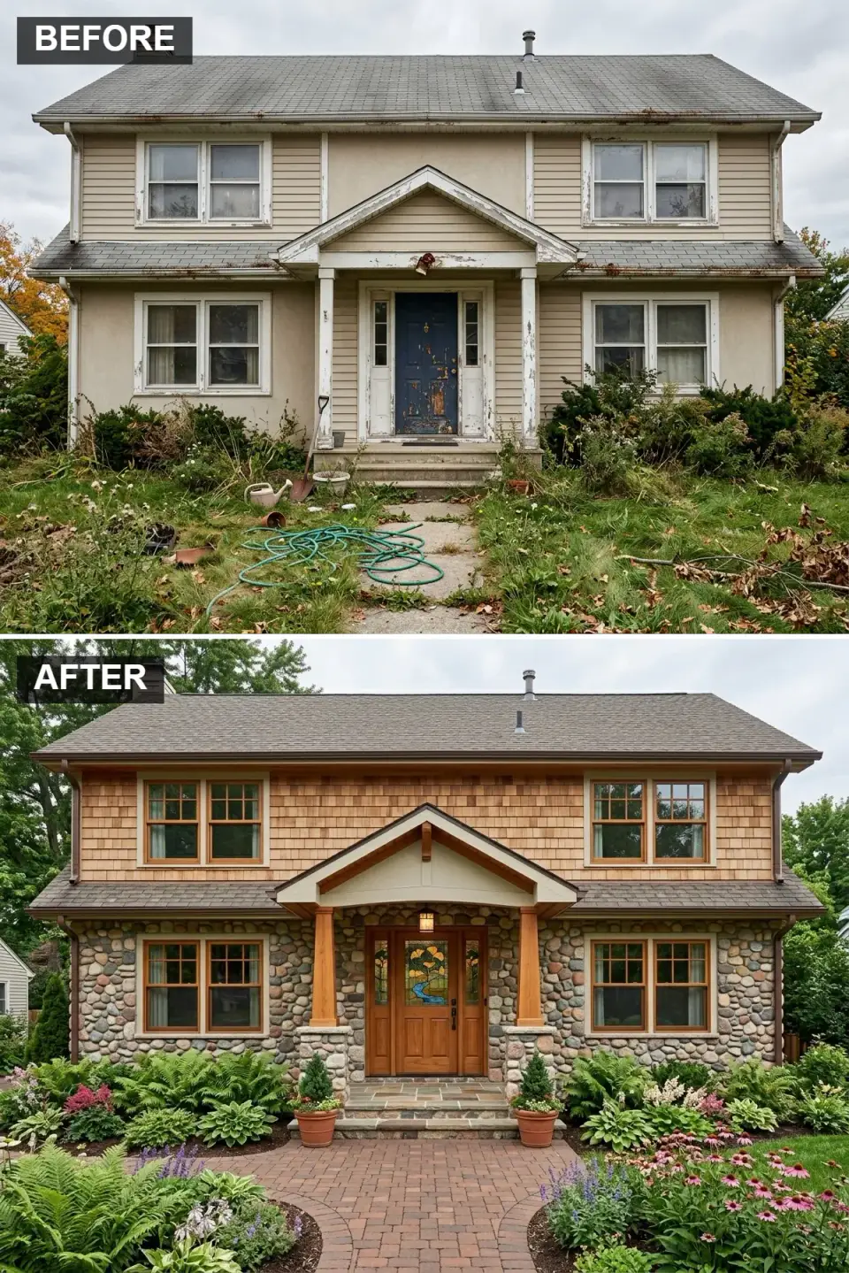 Craftsman facade revival with Maibec Eastern white cedar shakes on the upper story, Eldorado Stone Cliffstone fieldstone veneer on the first floor, Simpson 7656 Nantucket mahogany door with stained glass, and tiered landscape of hostas ferns and coneflowers along a bluestone walkway in Mount Pleasant SC
