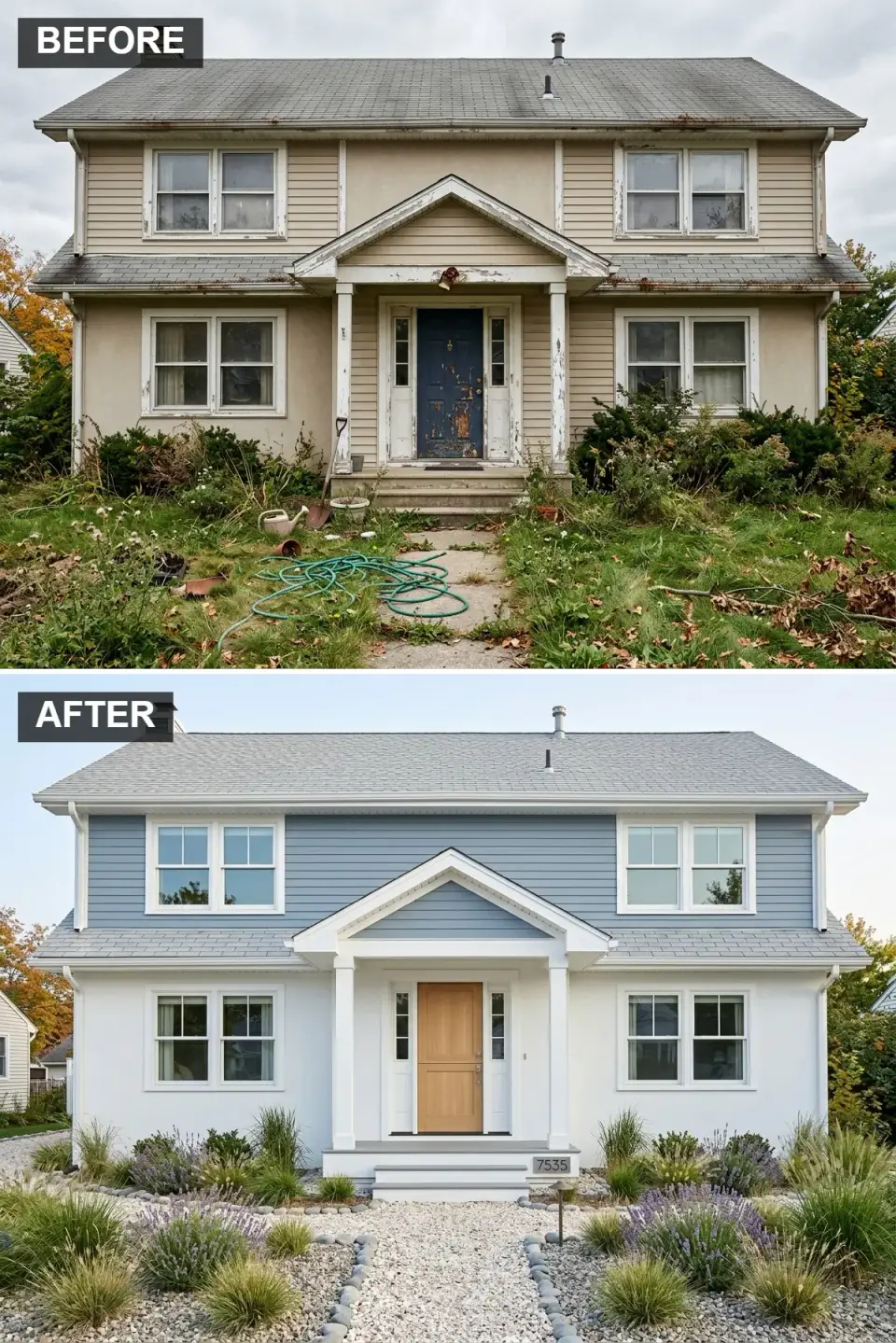 Coastal farmhouse facade with James Hardie HardiePlank in Benjamin Moore Palladian Blue HC-144 upper story BM Simply White OC-117 lower walls classic white portico with tapered square columns Simpson rift-sawn white oak plank door and landscape of panicum switchgrass Russian sage lavender and crushed oyster shell walkway in Mount Pleasant Charleston SC