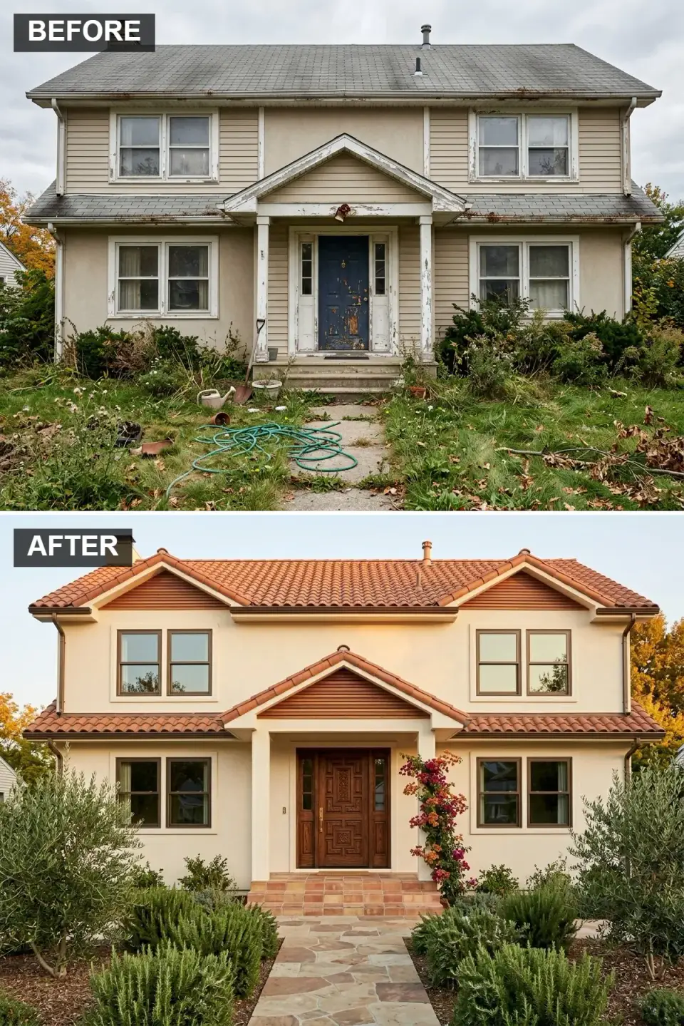 Mediterranean villa transformation with Romabio Classico Limewash cream stucco walls, Ludowici Americana terracotta S-tile roof, dark walnut Simpson plank door, Marvin Ultimate bronze-clad windows, and landscape of Arbequina olive trees rosemary and climbing bougainvillea along a tumbled travertine walkway in Austin TX