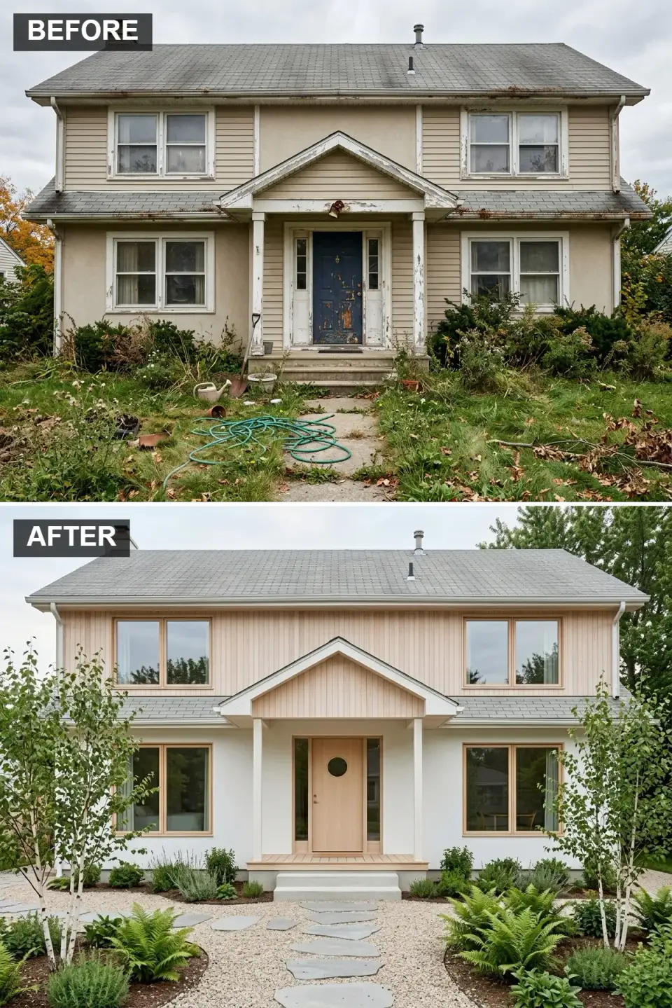 Scandinavian facade with vertical Thermory ash rainscreen siding on the upper story, smooth white StoCoat acrylic stucco below, Marvin Essential black casement windows, and minimalist landscape of pea gravel river birch and Japanese forest grass with Stepstone concrete pavers in Asheville NC