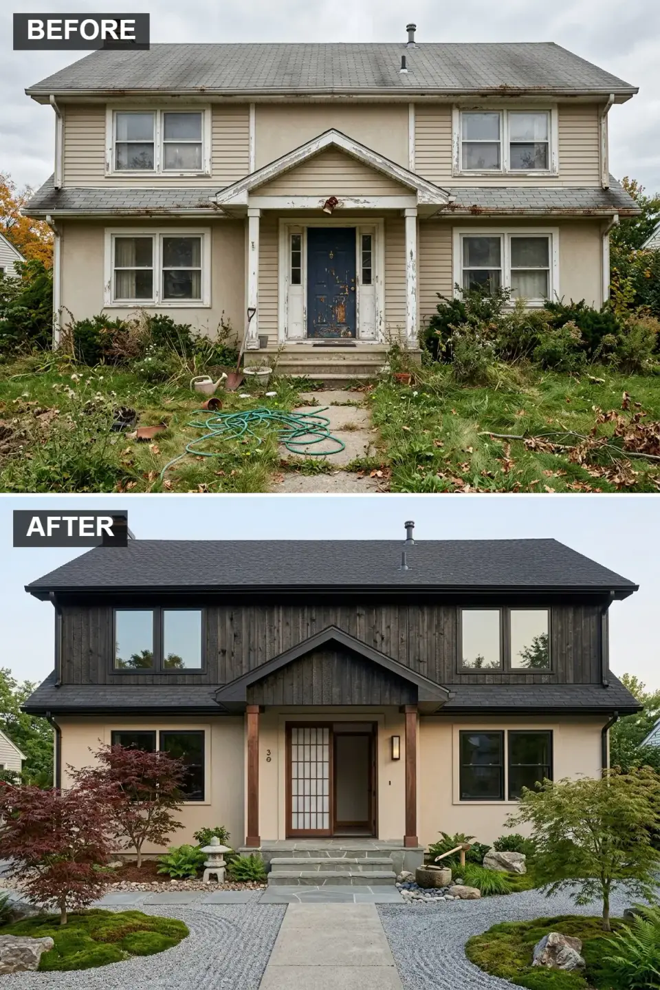 Japanese-inspired facade with Delta Millworks shou sugi ban charred cypress on the upper story, hand-troweled BM Revere Pewter stucco below, engawa-style covered porch with Douglas fir timber posts, raked gravel Zen garden with tsukubai water basin and ishidoro stone lantern and three-cultivar Japanese maple grouping in Nashville TN