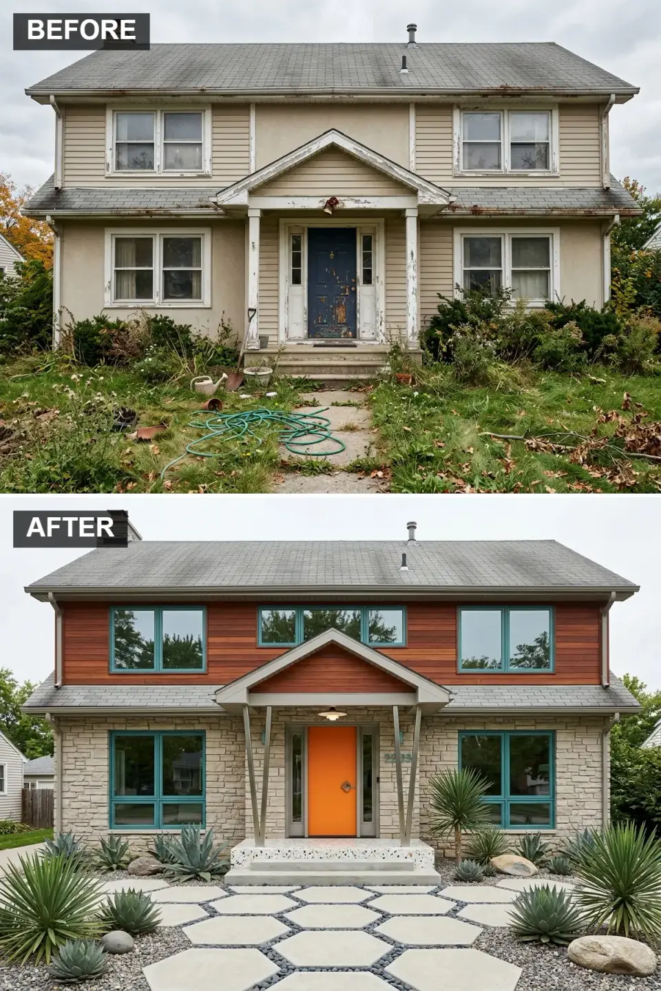 Mid-Century Modern facade with Real Cedar horizontal bevel siding in sienna finish on the upper story, Coronado Stone Rustic Ledge stacked stone veneer below, Jeld-Wen Tangerine orange flush door, teal aluminum Milgard window frames, hexagonal concrete pavers and Arizona desert landscaping with Parrys Agave and blue fescue in Austin TX