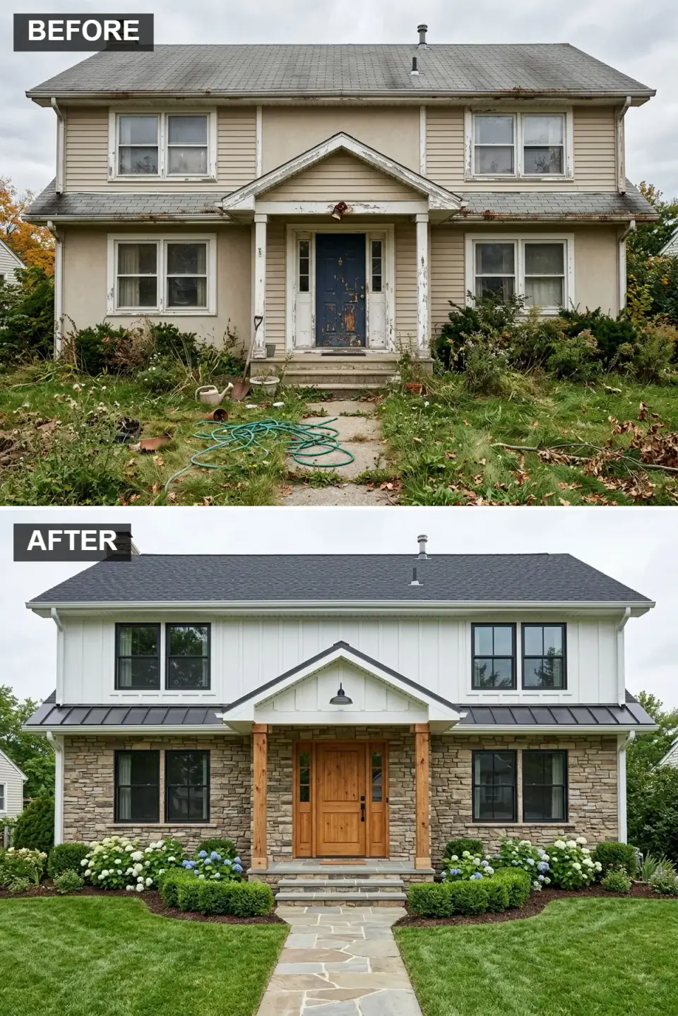 Modern farmhouse facade with James Hardie Artisan V-Rustic board-and-batten siding in Arctic White on the upper story, Boral Versetta Stone Tight-Cut Fieldstone on the first floor, Englert 1300 Matte Black standing seam portico roof, Douglas fir 8x8 timber posts, Simpson rustic plank door and landscape of Annabelle hydrangeas boxwood and a crushed-bluestone walkway in Franklin TN