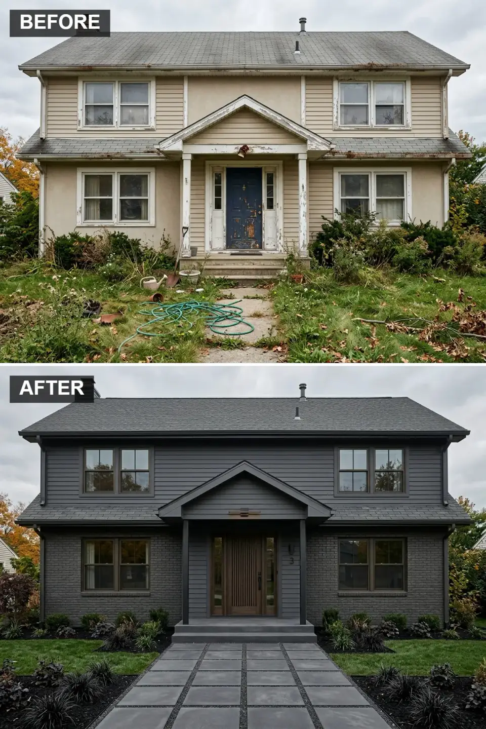 Monochromatic dark facade with all siding trim and brick painted in Farrow and Ball Down Pipe No 26 limewash, custom walnut vertical slat front door, Marvin Essential black casement windows, dark hardwood mulch bed with black mondo grass and acer palmatum Japanese maples and Aqua-Roc permeable concrete pavers in Atlanta GA