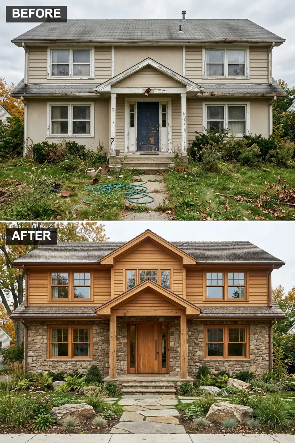 Organic modern facade with Real Cedar horizontal 1x6 lap siding in natural finish, Eldorado Stone Rustic Ledge stacked veneer base, gabled timber-frame portico with 8x8 Glulam Douglas fir posts, Simpson white oak plank door, flagstone walkway and naturalistic landscape with Pennsylvania fieldstone boulders panicum grass and Echinacea coneflowers in Asheville NC