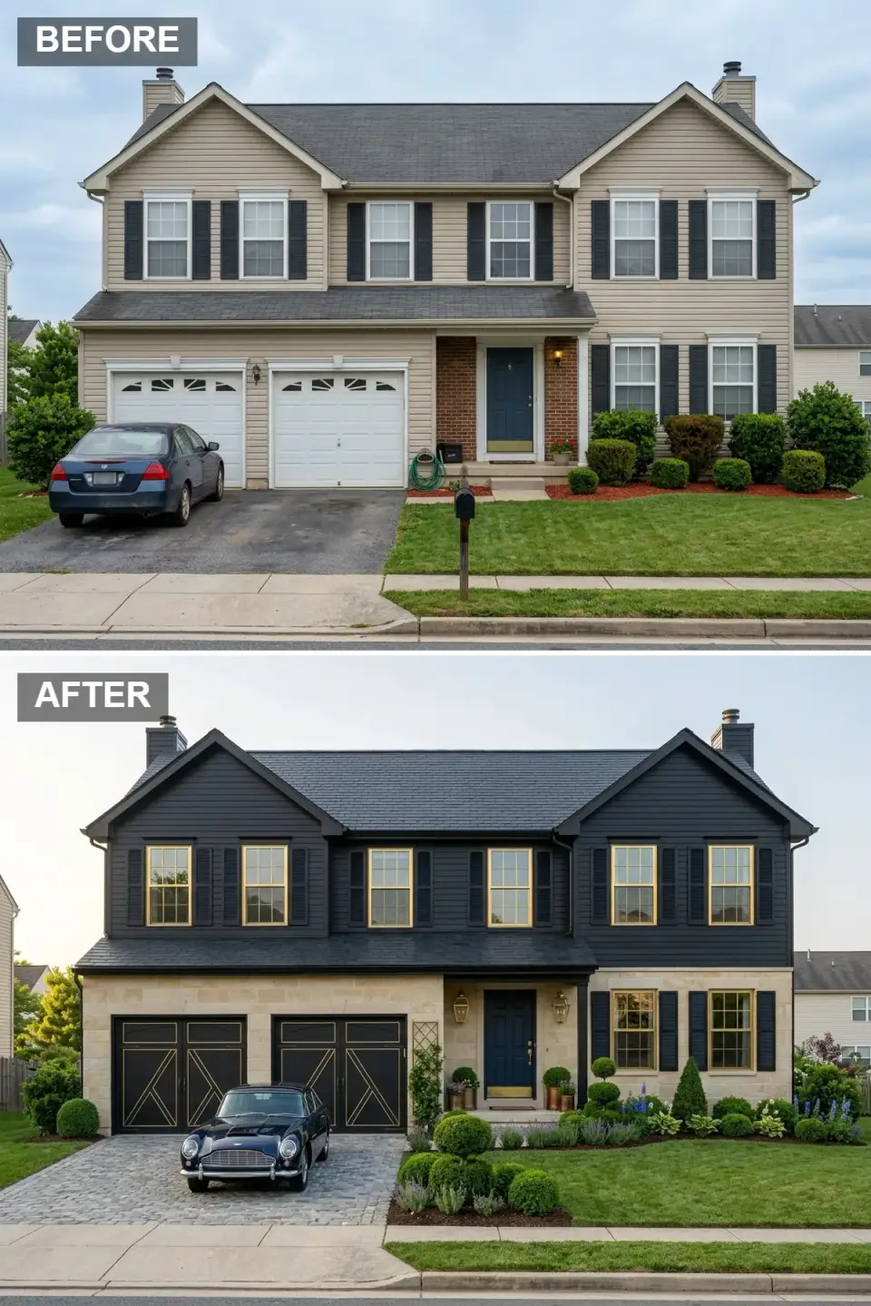 Black-on-black estate facade with deep charcoal upper siding, pale limestone ashlar lower cladding, antique brass window trim, black garage doors with gold X-brace detail, and boxwood topiaries along a cobblestone drive