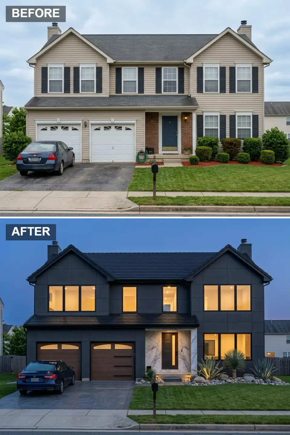 Dramatic dark facade clad in large-format charcoal fiber-cement panels, a bookmatched white marble entry surround, dark walnut garage doors with arched glass inserts, minimalist desert planting, and warm interior light glowing through black windows at twilight