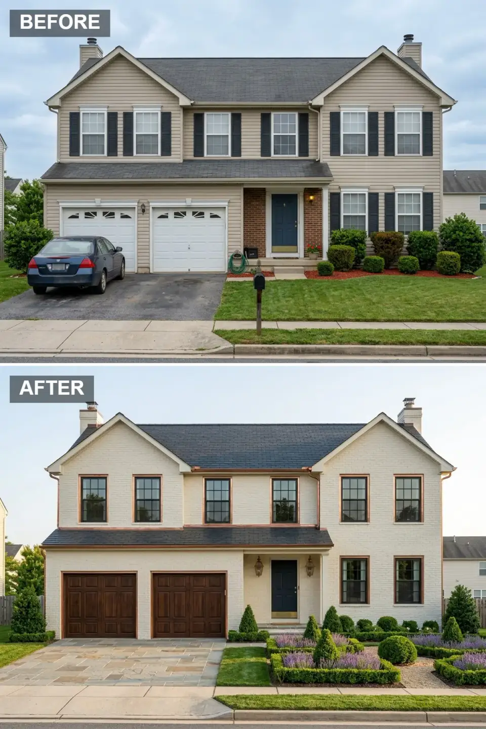 Georgian-inspired facade in painted white brick with copper gutters and flashing, dark slate roof, hand-carved dark mahogany carriage doors, a formal boxwood parterre with lavender, gravel paths, and copper coach lanterns flanking a black door
