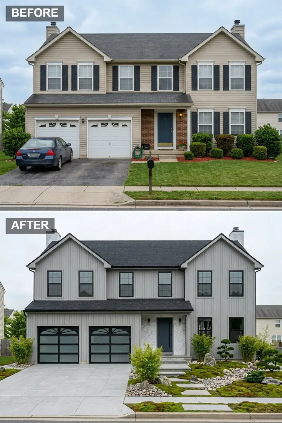 Minimalist facade with pale gray vertical siding, black shingle roof, polished white marble entry surround, black garage doors with arched top windows, and a Japanese front garden of raked gravel, moss islands, bamboo, specimen pines, and stepping stones