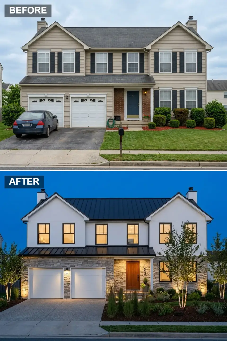 Farmhouse facade at blue hour with stacked ledgestone lower level, bright white upper siding, black standing-seam metal roof, white garage doors, a warm cherry-wood front door, oversized house numbers on the stone column, and uplit birch trees
