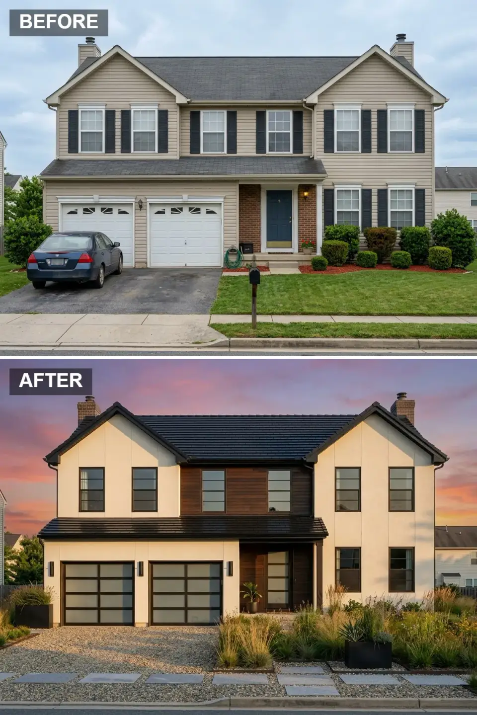 California-modern facade with smooth off-white stucco, a central walnut-stained horizontal wood accent wall, dark slate-look roof, black picture windows, frosted-glass garage doors, and a xeriscape of native grasses and bluestone pavers