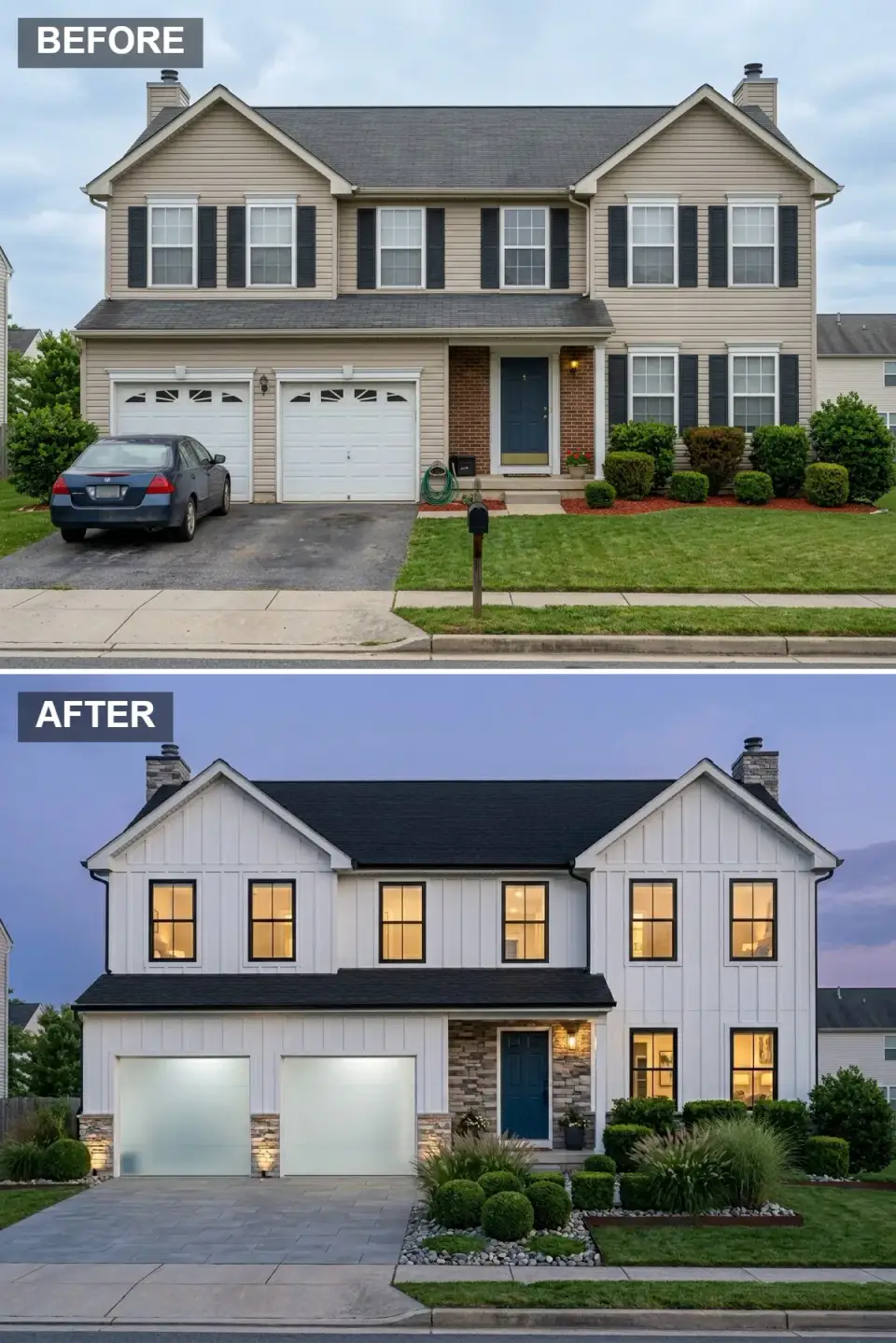 Modern farmhouse facade with crisp white board-and-batten cladding, multi-tonal ledgestone gables and entry, black roof and slim black windows, backlit frosted-glass garage doors, and layered beds of boxwood spheres and fountain grass