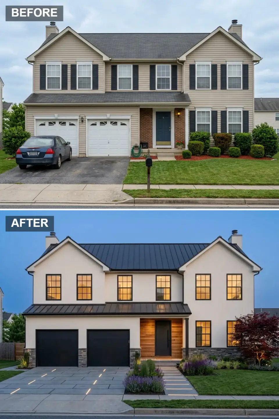 Transitional facade with creamy white stucco, black standing-seam metal roof, a cedar-slat accent wall at the entry, gray ledgestone wainscot, grid windows with black mullions, and a bluestone drive with inset LED strip lighting