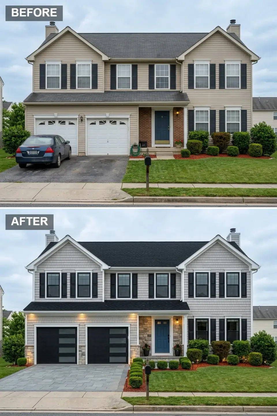 East Coast shingle-style facade with pale gray cedar shake siding, white trim, multi-tonal fieldstone surround, a navy-blue door, black louvered shutters, black garage doors with horizontal glass lites, and symmetrical boxwood beds