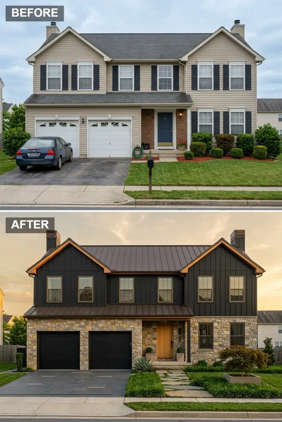 Two-tone modern farmhouse with black board-and-batten upper story, rustic ashlar stone ground floor, natural white oak front door, aged copper standing-seam roof, black windows, and a flagstone walk with mounded grasses and one sculptural maple