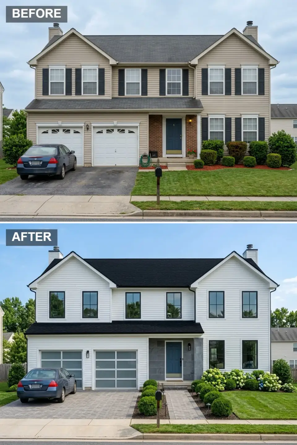 Luminous white contemporary facade with optic-white siding, no shutters, taller black-framed windows, a gray slate tile column at the entry, frosted-glass garage doors with white frames, and herringbone clay-paver driveway with hydrangea mounds