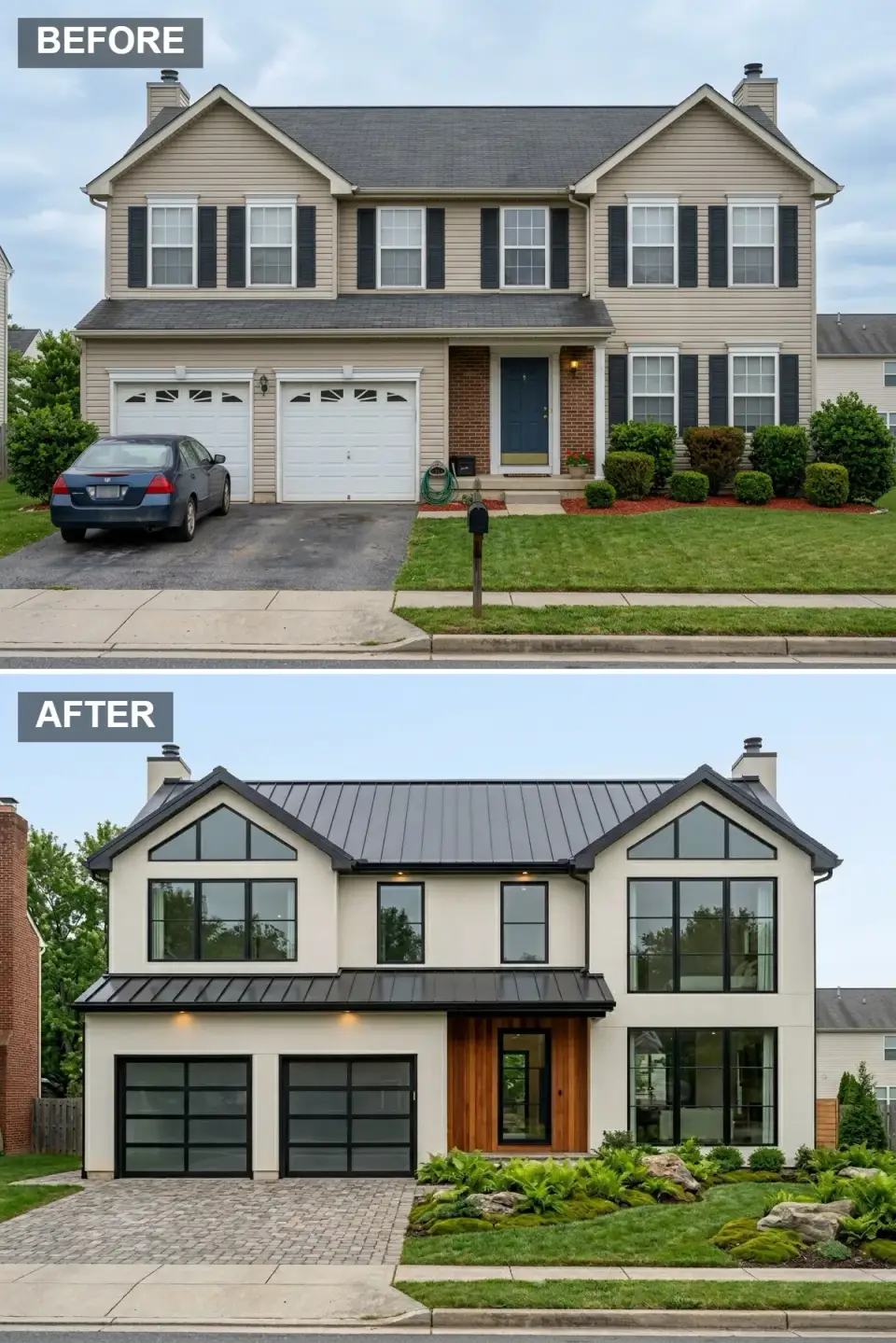 Scandinavian-inspired facade with white stucco walls, dark charcoal standing-seam metal roof, grouped upper windows with triangular gable transoms, a vertical cedar entry wall, and a moss garden with ferns, river boulders, and floating bluestone steppers