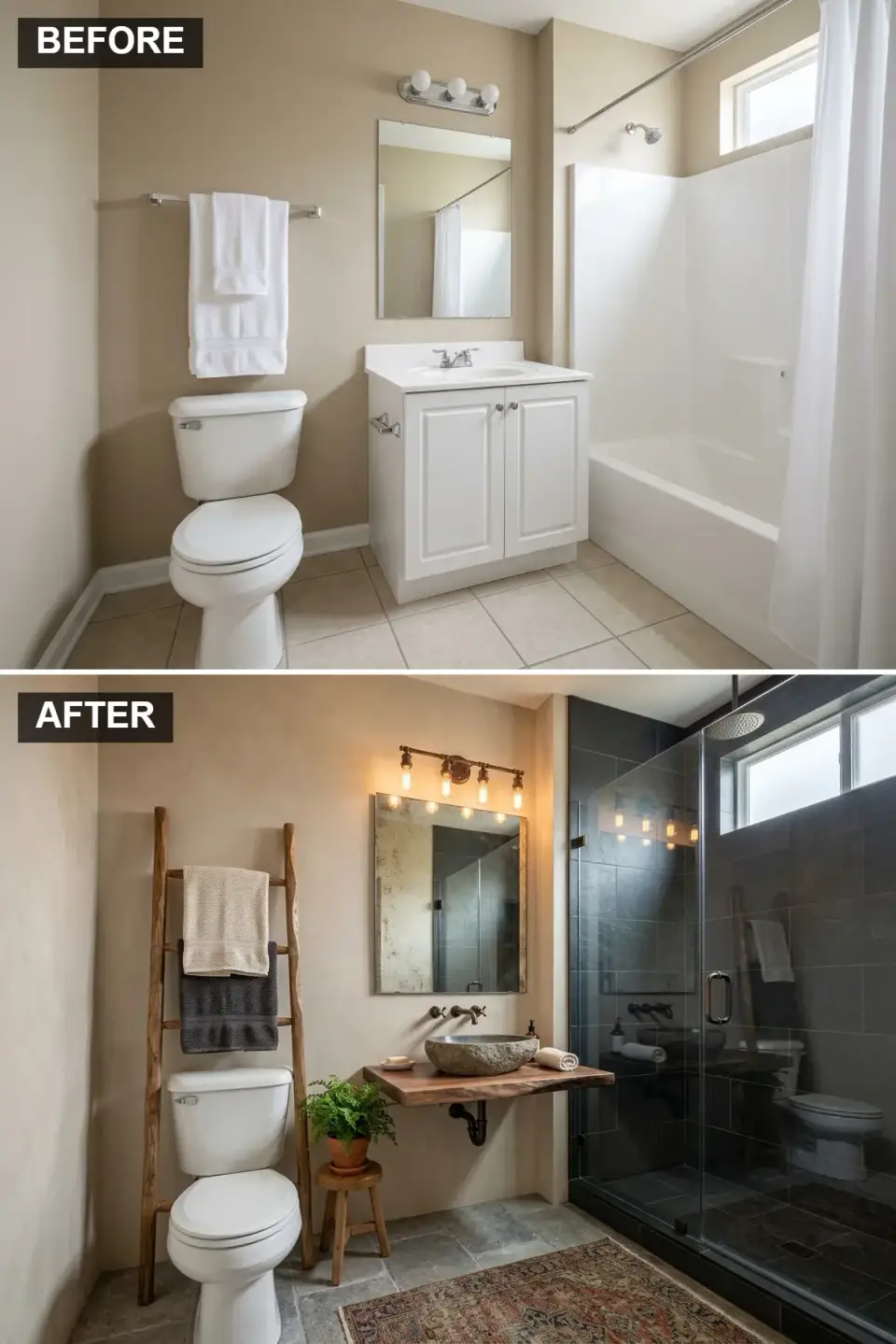 Rustic bathroom with textured tadelakt plaster walls live-edge wood vanity stone vessel sink slate walk-in shower