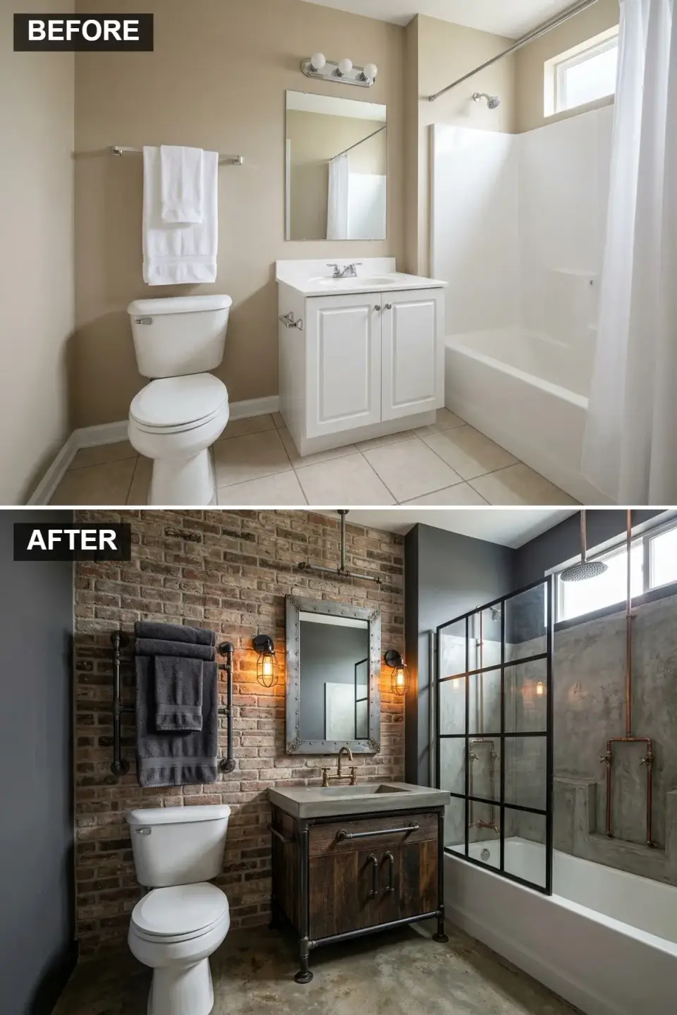 Industrial bathroom with exposed brick wall dark grey paint concrete vanity with metal pipe frame concrete sink black grid glass shower panel exposed copper plumbing polished concrete floor