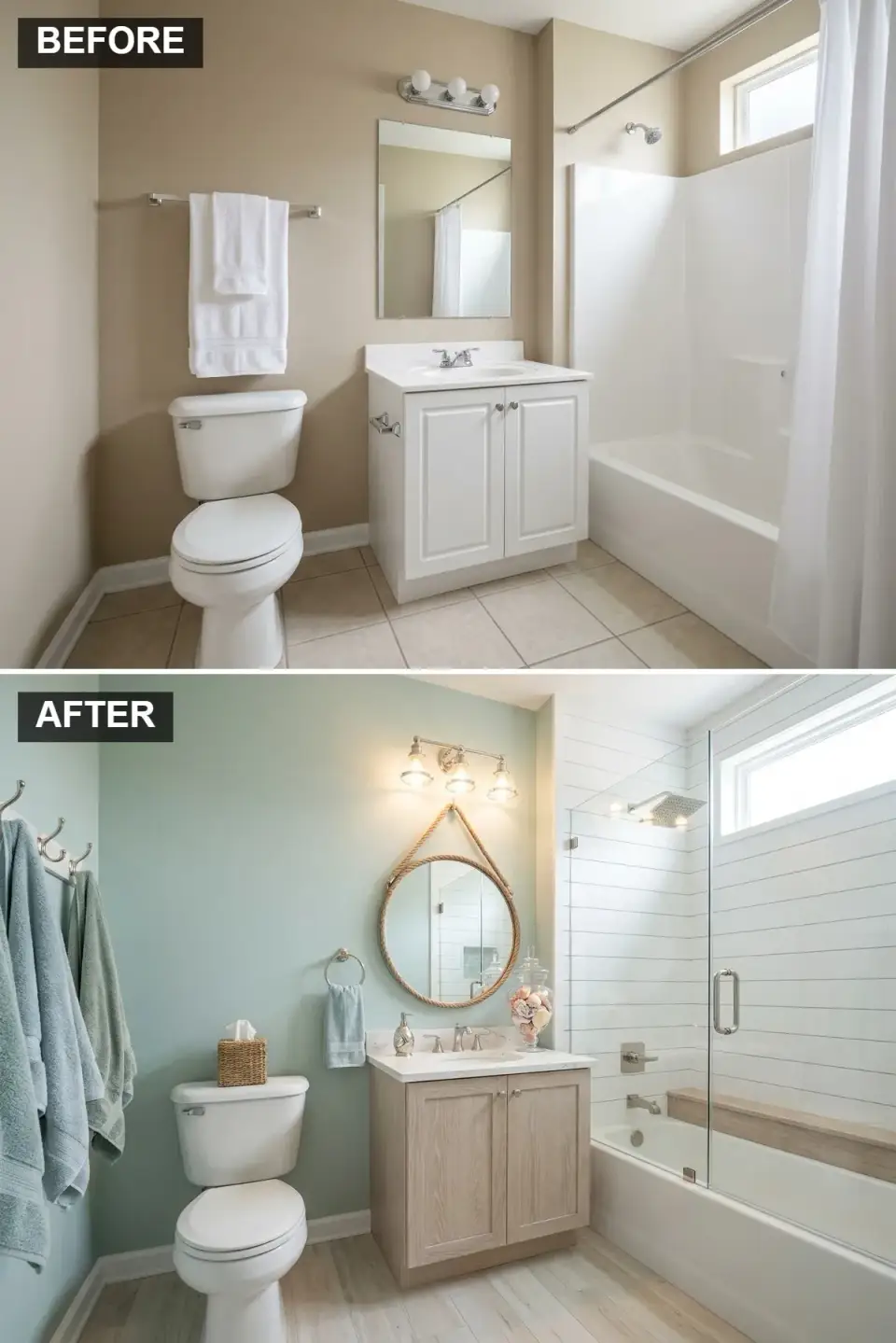 Coastal bathroom with light aqua walls light wood vanity white shiplap tub surround round mirror hanging from rope wood-look porcelain floor nautical light fixture