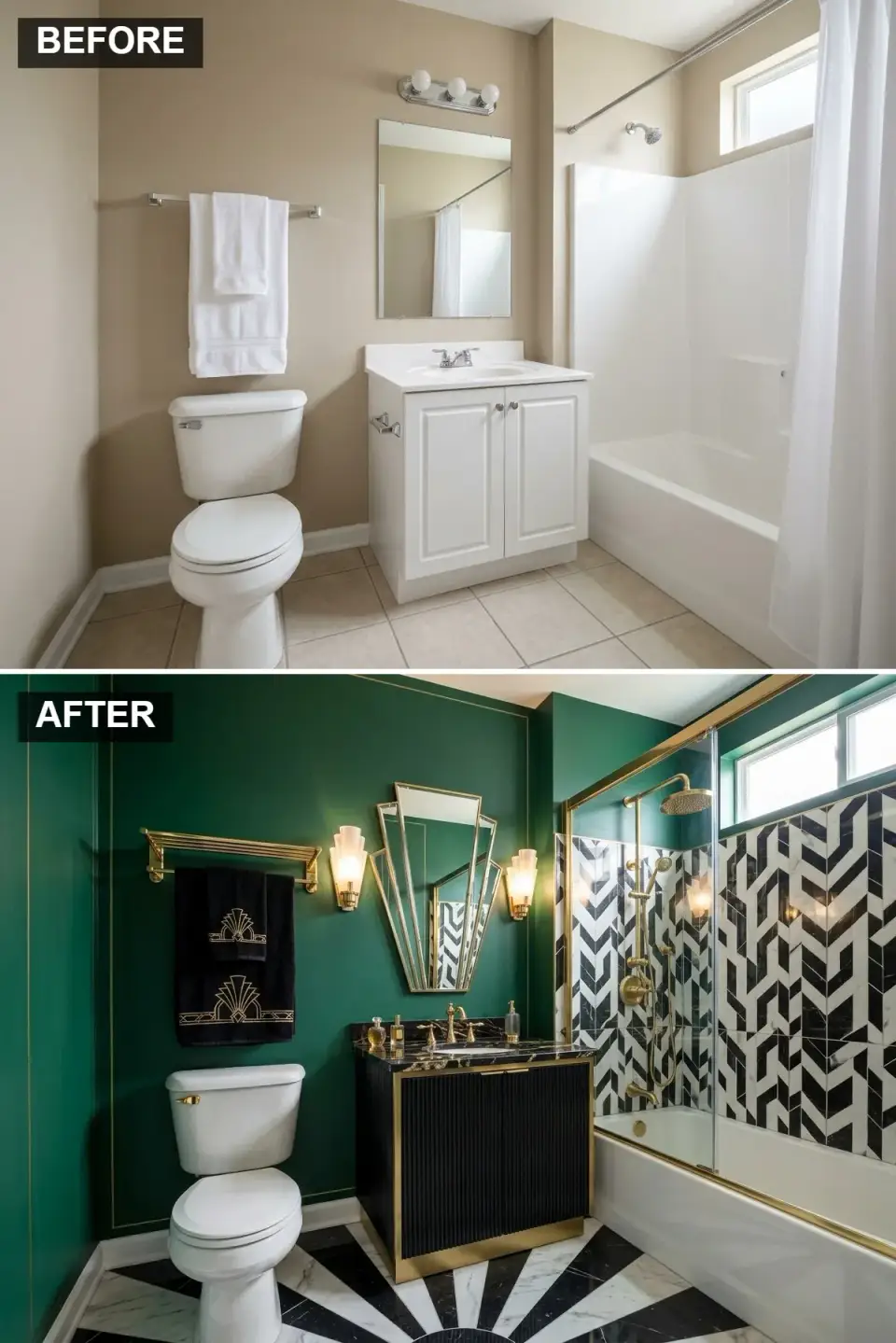 Art Deco bathroom with deep emerald green walls gold trim black fluted vanity black marble countertop geometric gold mirror sunburst marble floor black and white geometric marble tile shower
