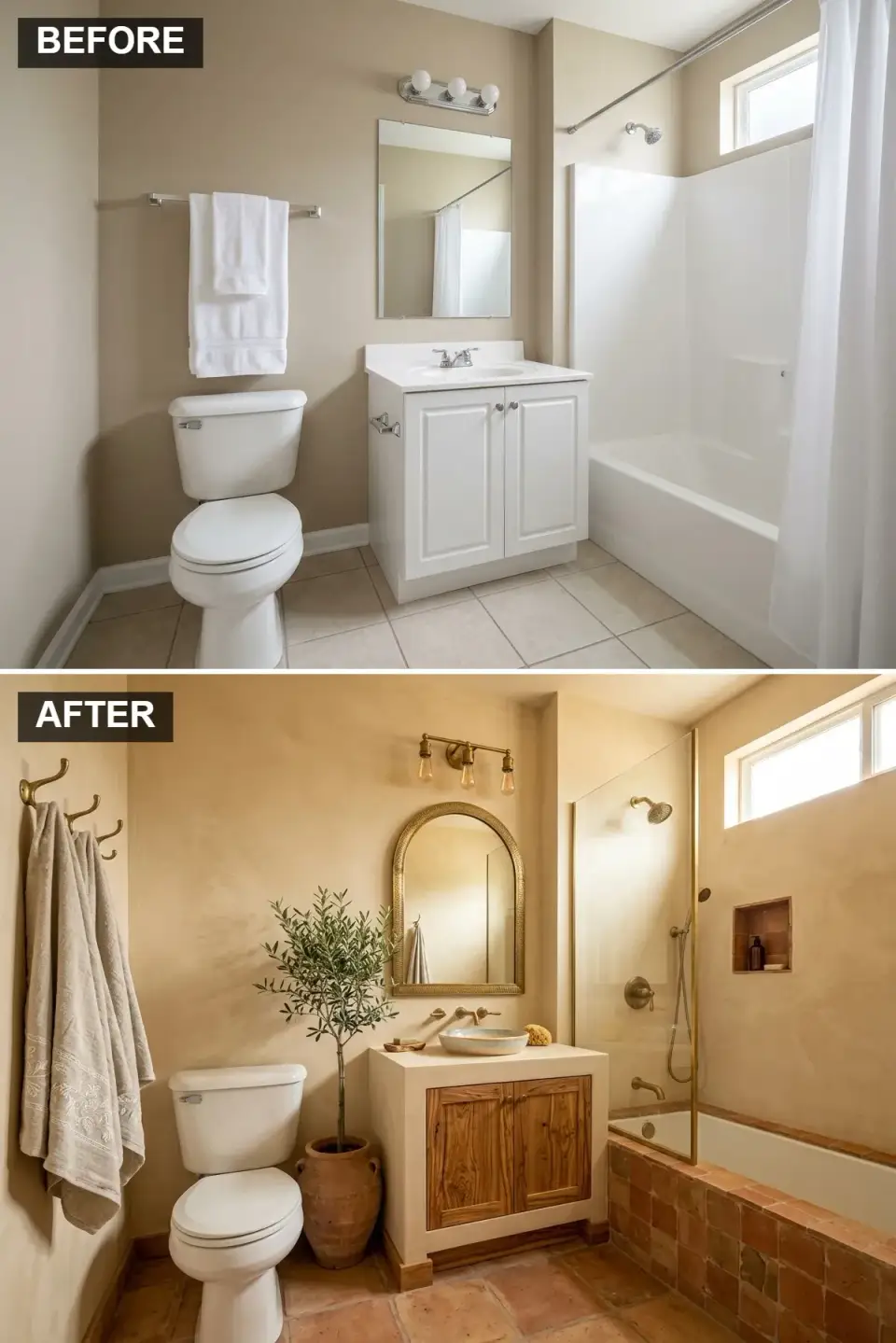 Mediterranean bathroom with golden plaster walls concrete vanity wood doors terracotta tile floor arched gold mirror brass fixtures