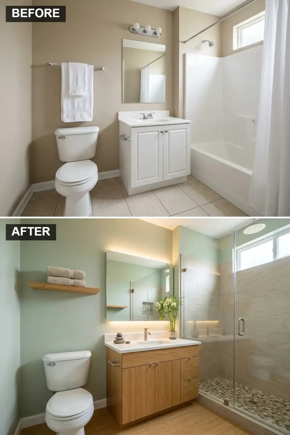 Modern zen bathroom with sage green walls floating bamboo vanity backlit mirror river pebble shower floor large format grey tile