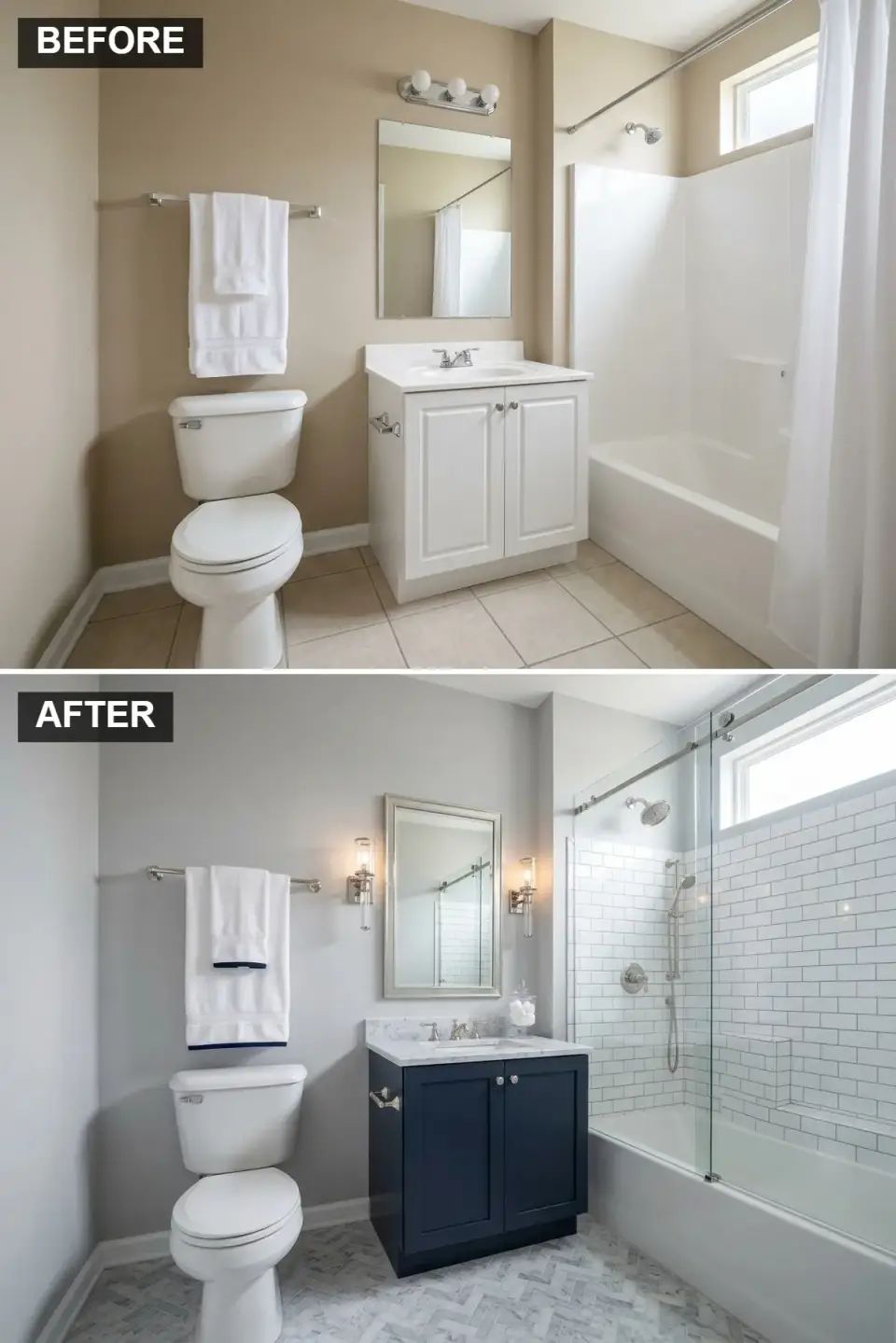 Navy blue shaker vanity white marble countertop subway tile shower herringbone marble floor polished nickel sconces frameless glass