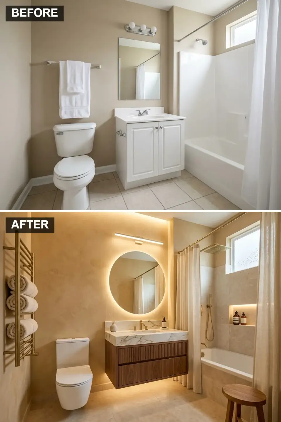 Warm minimalist bathroom with beige plaster walls dark fluted walnut floating vanity thick marble countertop large round backlit mirror satin gold fixtures