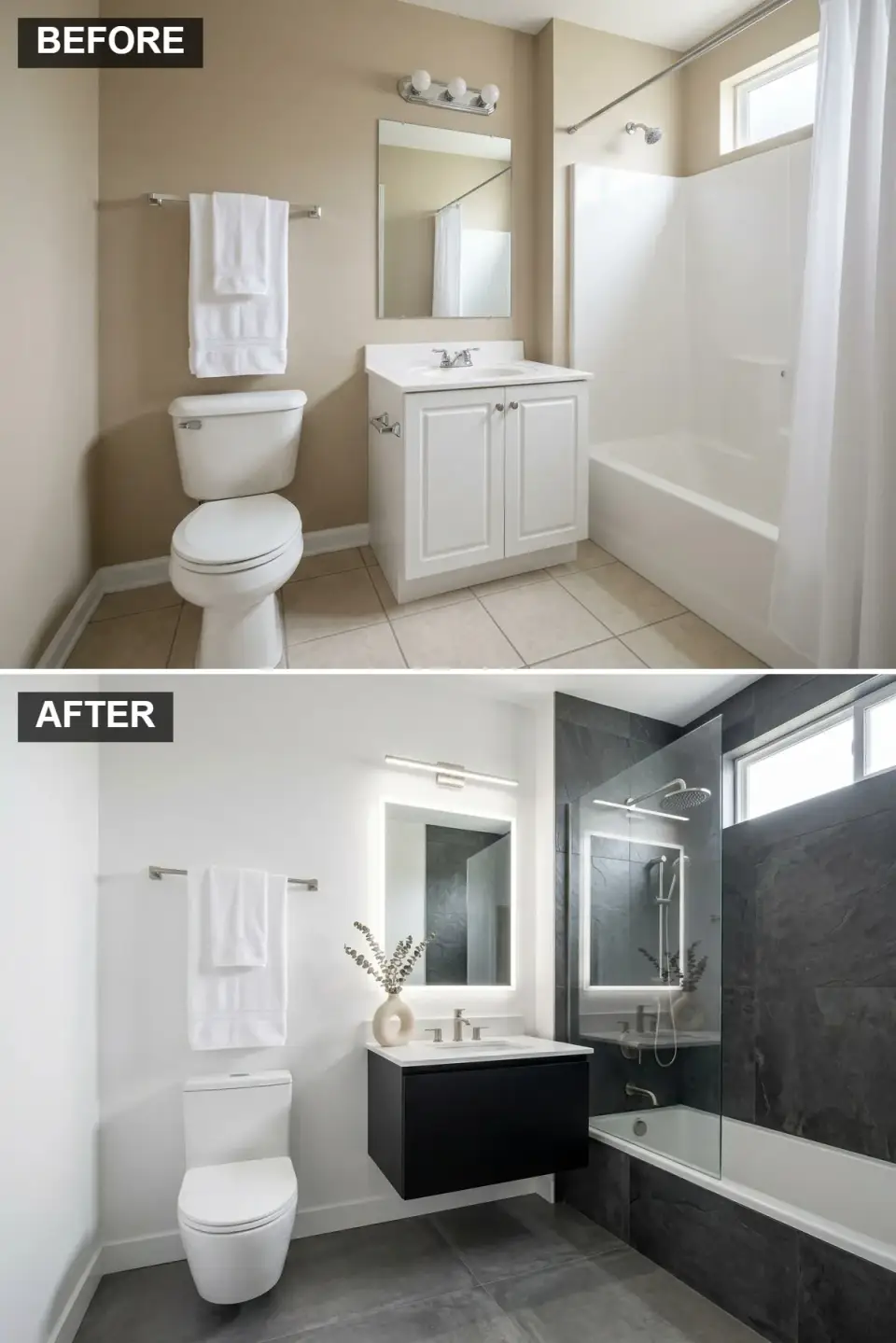 Monochrome bathroom with crisp white walls matte black floating vanity large format dark grey slate tile frameless glass panel brushed nickel fixtures