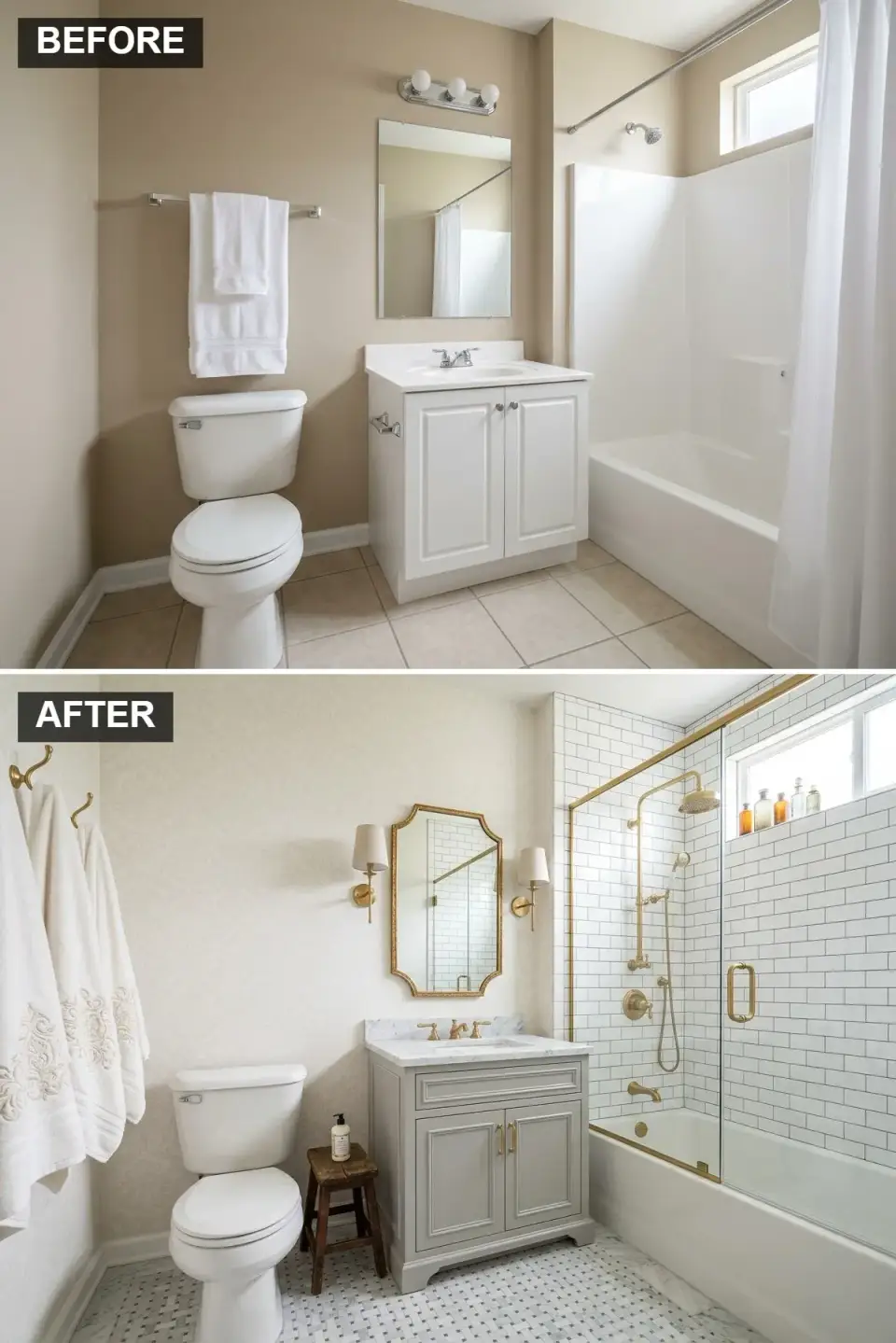 Vintage glamour bathroom with patterned wallpaper grey vanity marble top ornate gold mirror brass fixtures white subway tile with gold grout marble mosaic floor