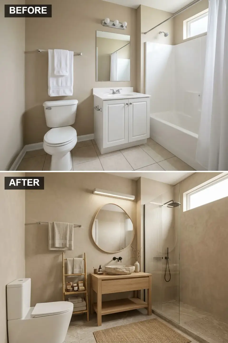 Japandi bathroom with textured beige plaster light oak vanity stone vessel sink large organic mirror beige stone shower walls reeded glass screen matte black fixtures