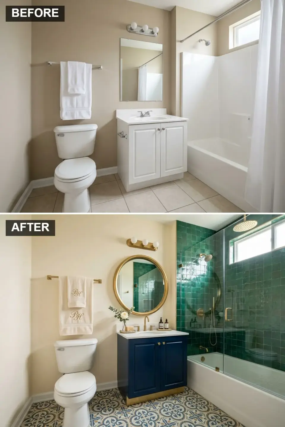 Eclectic bathroom with cream walls dark blue vanity gold accents emerald green square shower tiles patterned cement floor tile round gold mirror