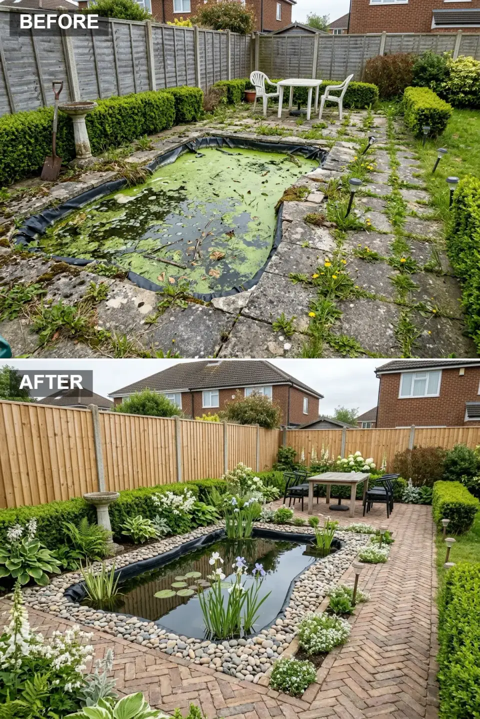Neglected backyard pond reborn as a cottage garden with herringbone brick patio, cedar fence, and lush ferns