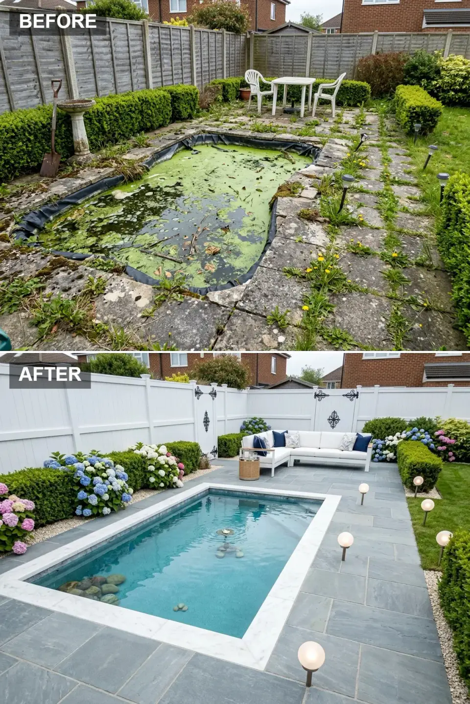 Coastal Hamptons-style backyard with a turquoise pool, white marble coping, white vinyl fence, and billowing hydrangeas