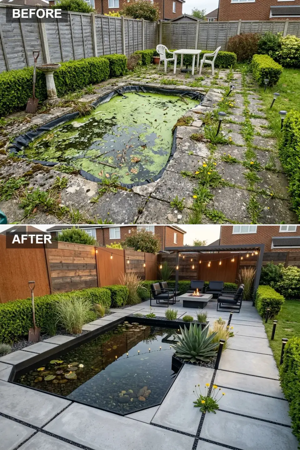 Evening backyard lounge with a black pergola strung with Edison bulbs, a concrete fire table, dark pond, and Corten fencing