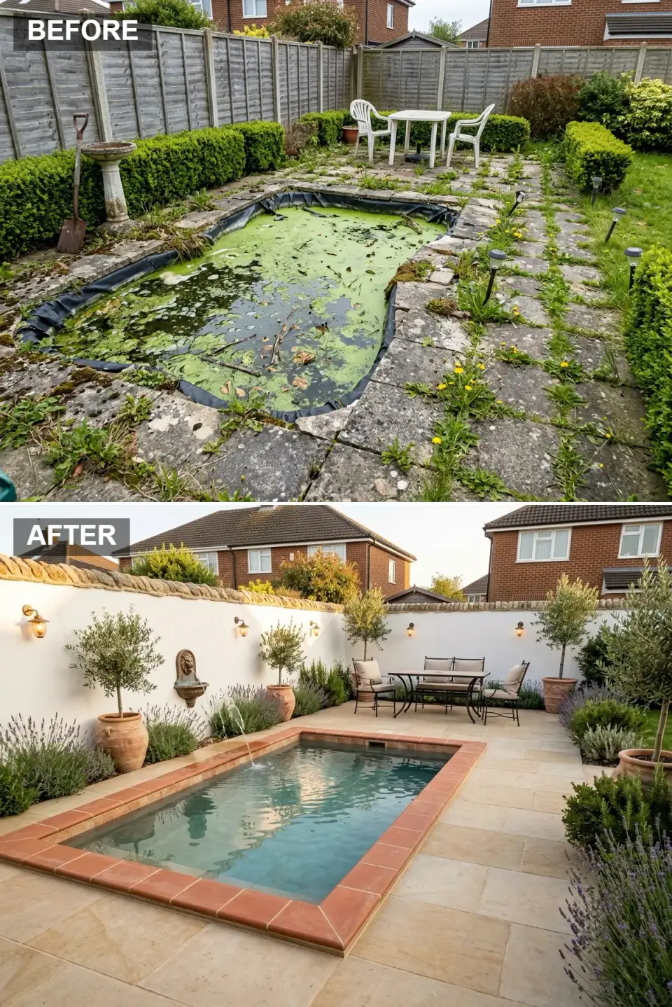Backyard reimagined as a Mediterranean courtyard with white rendered walls, terracotta coping, and a turquoise pool