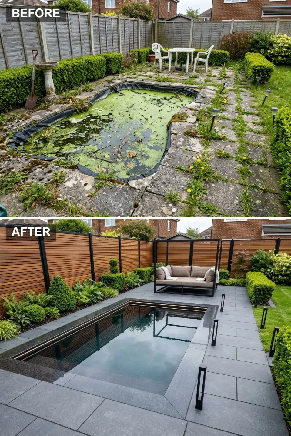 Minimalist backyard with graphite pavers, a dark-water rectangular pool, cedar screen, and black-framed canopy daybed