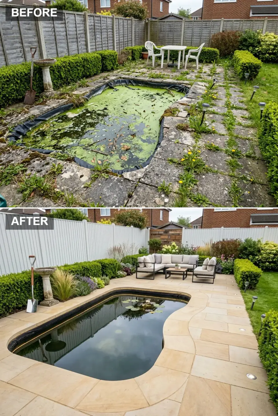 Kidney-shaped pond restored with sandstone coping, cream limestone patio, white vinyl fence, and an L-shaped sectional