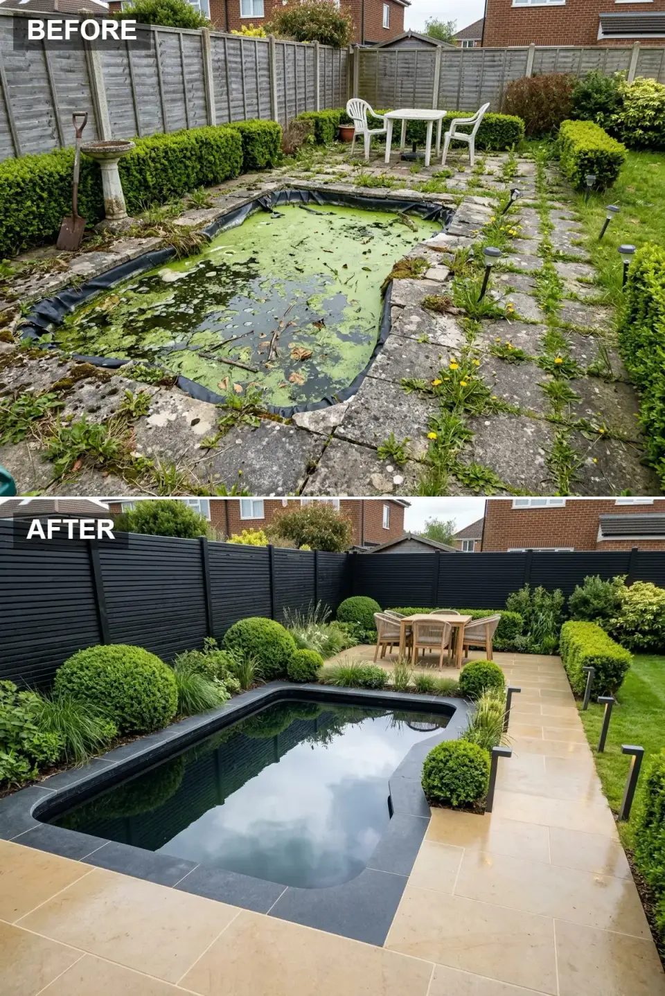 High-contrast backyard with a jet-black horizontal fence, light sandstone terrace, dark pond, and woven dining chairs