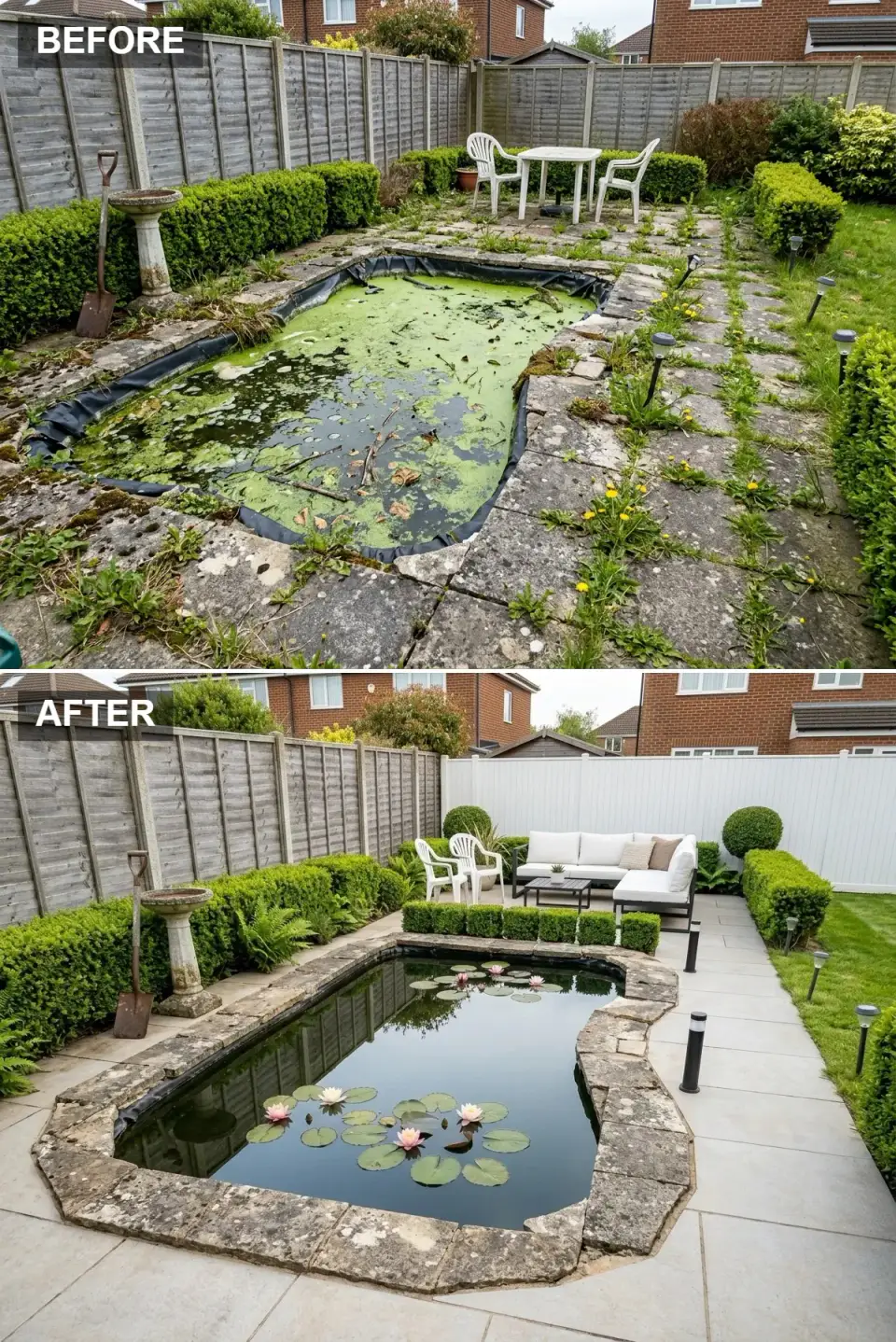 Backyard blending original stone pond coping with gray limestone paving, white vinyl fence, and a modern white sectional