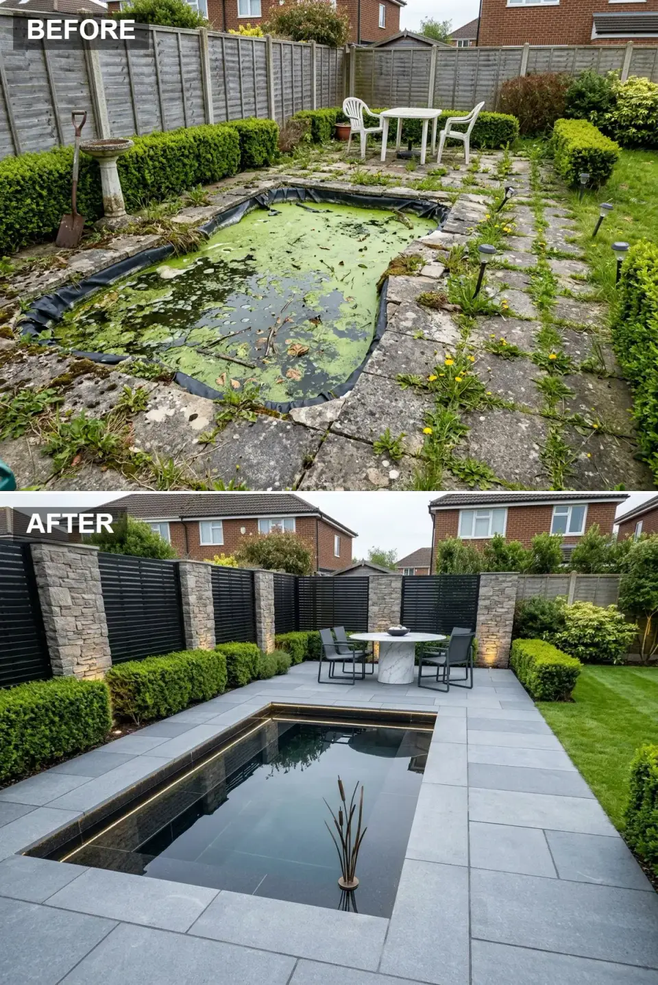 Architectural backyard with stone-clad pillars, black slat fencing, a dark mirror pool, and bluestone paving