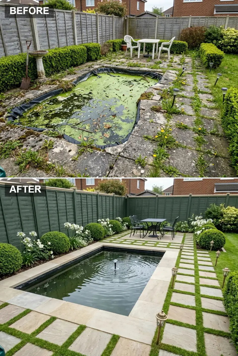 Formal garden with a rectangular fountain pond, checkerboard lawn-and-stone path, deep green fence, and boxwood spheres