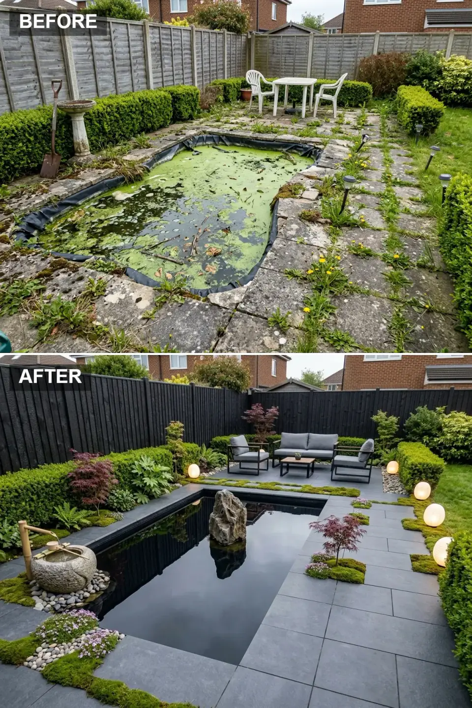 Japanese-inspired water garden with a dark mirror pond, tsukubai bamboo fountain, slate pavers, moss, and Japanese maples