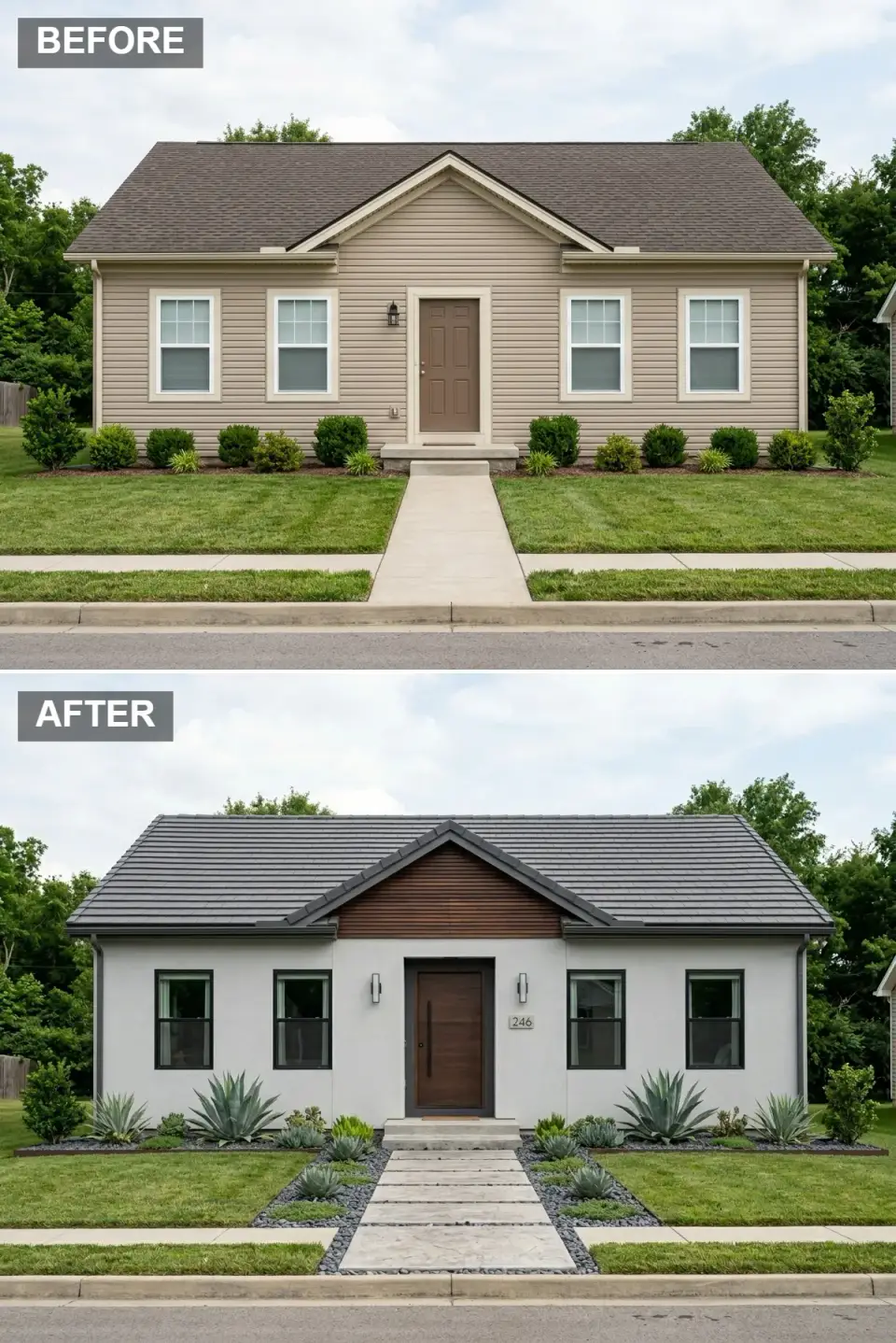 Modern desert oasis facade transformation light grey smooth stucco horizontal cedar wood gable accent dark walnut pivot front door black framed windows large concrete pavers river rock xeriscape garden agave architectural plants