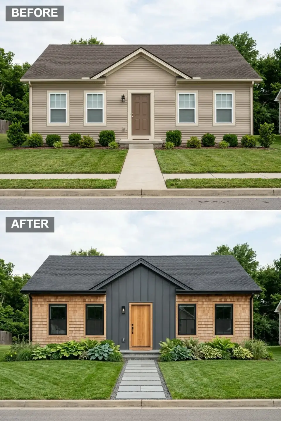 Modern cedar and dark metal mix facade transformation natural cedar shake wings dark grey standing seam metal central gable section vertical plank natural wood door black framed windows simple grids hostas and ferns garden grey paver path