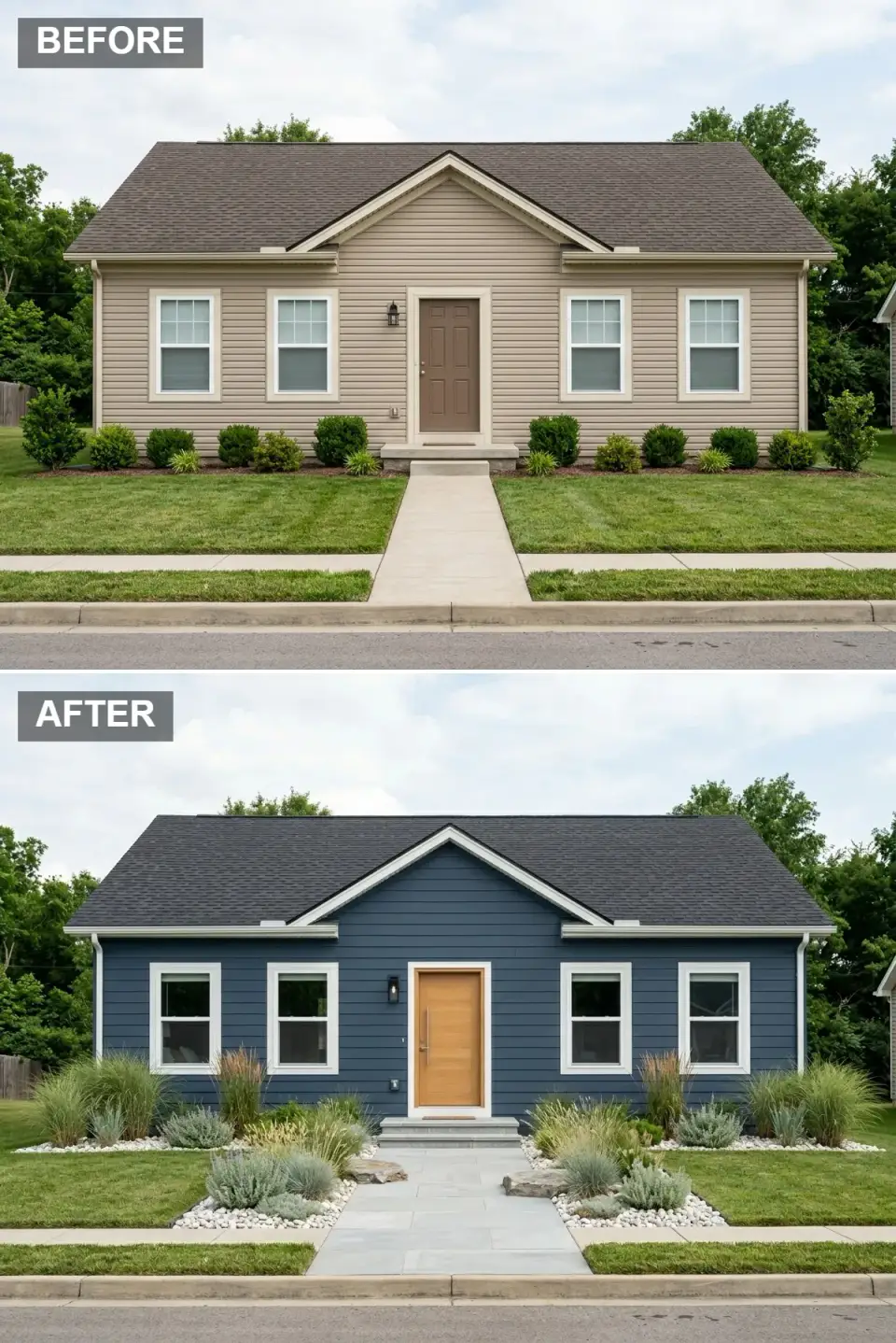 Coastal blue bungalow facade transformation deep ocean blue siding crisp white trim around windows door roofline modern light driftwood-toned wood front door vertical handle white-framed windows no grids ornamental grasses lavender white river rock large grey pavers